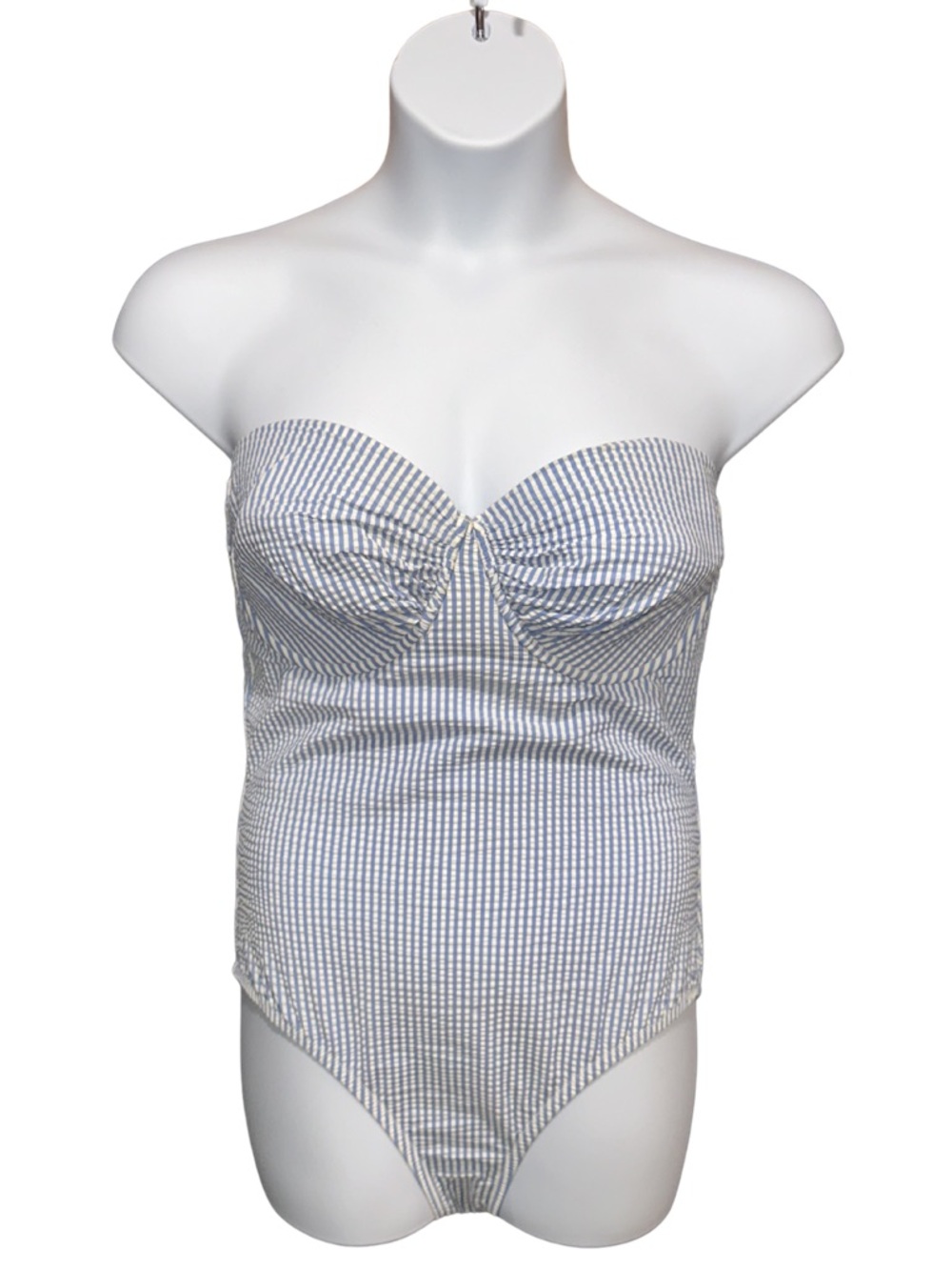 J. Crew Women’s Size 12 Blue & White Strapless Seersucker One-Piece Swimsuit - Picture 3 of 5